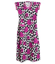 Black Polka Dots with Magenta Floral Print on White Lycra Cotton Maxi