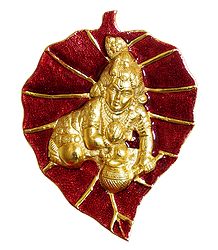 Golden Bal Gopal on Red Leaf - White Metal Wall Hanging
