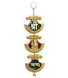 Sri, Ganeshai and Namaha on Lacquered Brass Plate - Wall Hanging
