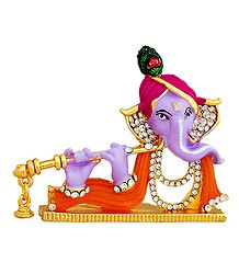 Stone Studded Ganesha Playing Flute - For Car Dashboard