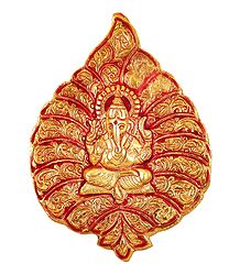 Red with Golden Ganesha on Leaf - White Metal Wall Hanging