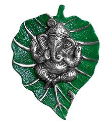 White Metal Ganesha on Green Leaf - Wall Hanging