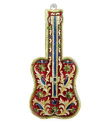 Meenakari Wooden Guitar on Metal  Foil Paper with 3 Key Hooks - Wall Hanging