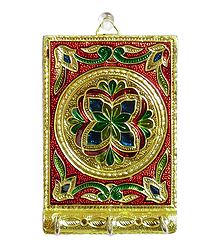 Meenakari Metal Foil Paper on Wooden Base with 3 Key Hooks - Wall Hanging