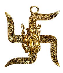 Ganesha on Swastik - Metal Wall Hanging