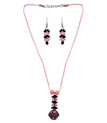 Acrylic Bead Pendant with Pink Cord and Earrings
