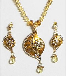 Amber Yellow and White Stone Studded Crystal Bead Necklace with Earrings