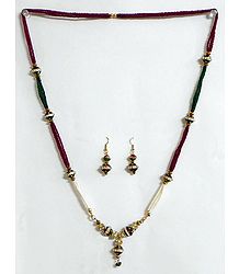 Maroon, Green and White Beaded Necklace with White Stone Studded Pendant with Earrings
