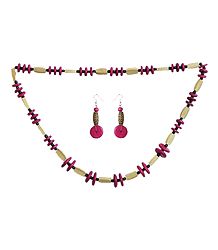 Magenta with Beige Beaded Necklace Set for Women
