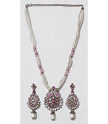 Maroon, Green and White Bead Necklace with White Stone Studded Pendant and Earrings
