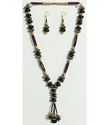 Black, Golden and Maroon Bead Necklace with Earrings