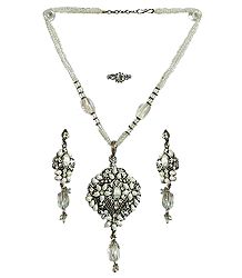 White Bead Necklace with White Stone Studded Pendant, Earrings and Ring