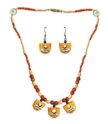 Saffron Paper Pendant and Earrings with Wooden Beads Necklace