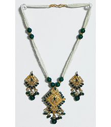 White and Green Bead and Stone Studded Necklace