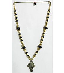 Beaded Tibetan Necklace with Antiqueted Dhokra Fish Pendant