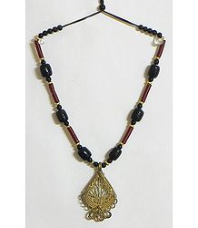 Beaded Tibetan Necklace with Dhokra Pendant 