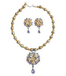 Blue with White Stone Studded Necklace and Earrings