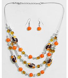 Three Layer Dark Saffron and Golden Yellow Bead Necklace with Earrings