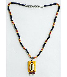 Red, Yellow and Black Wooden Bead Necklace with Cowrie Pendant