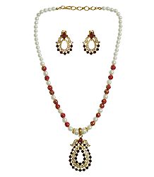 White and Maroon Stone Studded Party Necklace with Earrings