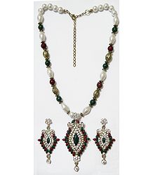 Maroon, Green and White Bead Necklace with White Stone Studded Pendant and Earrings