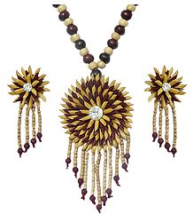 Wooden Bead Necklace with Paddy Pendant and Earrings