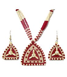Red and Off-White Bead Necklace with Jute Pendant and Earrings