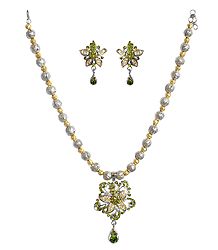 Green with White Stone Studded Necklace and Earrings