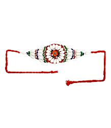 White and Multicolor Beaded Armlet on Saffron Cloth