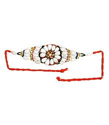 White and Multicolor Beaded Armlet on Saffron Cloth