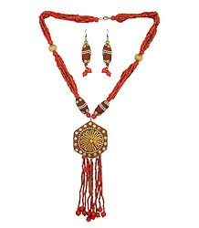 Red Bead Necklace with Jhalar Metal Pendant and Earrings