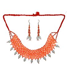 Saffron and White Beaded Necklace and Earrings