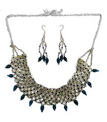 White and Dark Cyan Beaded Necklace and Earrings