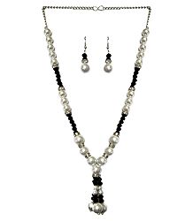 White and Black Bead Necklace with Earrings