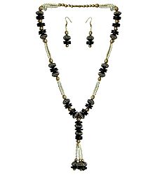 Black, Golden and White Bead Necklace with Earrings