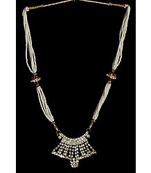 White Bead Necklace with White Stone Studded Pendant
