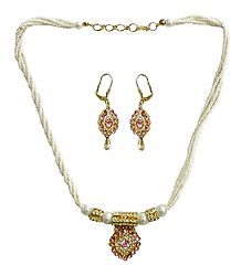 White Bead Necklace with Pendant and Earrings