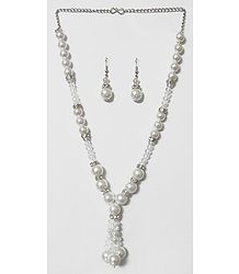 White Stone Studded Faux Pearl and Crystal Bead Necklace with Earrings