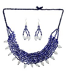 Blue and White Bead Necklace and Earrings