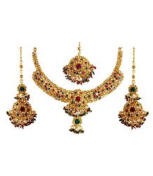 Faux Amber, Emerald and Ruby Necklace Set with Mang Tika