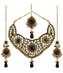 Faux Garnet and Cubic Zirconia Necklace Set with Mang Tika