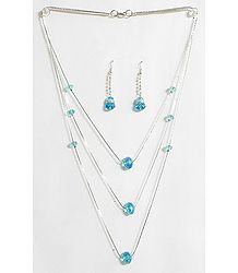 Cyan Blue Crystal Bead Three Layer Necklace