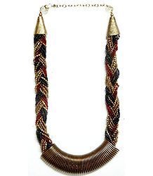 Red, Golden and Black Beaded Braid Necklace