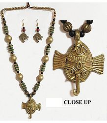 Dhokra Necklace with Ganesha Brass Pendant and Earrings