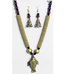 Dhokra Necklace with Fish Brass Pendant and Earrings