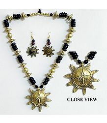 Dhokra Necklace with Sun Brass Pendant and Earrings