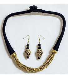Golden Bead Necklace and Dhokra Earrings with Black Threaded Cord