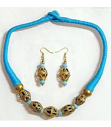 Dhokra Necklace Set with Blue Threaded Cord