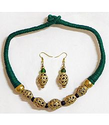 Dhokra Necklace Set with Green Threaded Cord