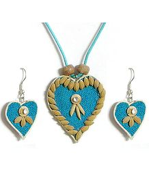 Blue Corded Heart Pendant and Earrings Decorated with Off White Wooden Beads and Paddy Rice